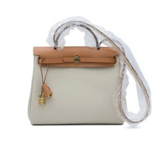 NIB Hermes Natural Vache Hunter and Beton Toile Herbag Zip 31 Gold Hardware